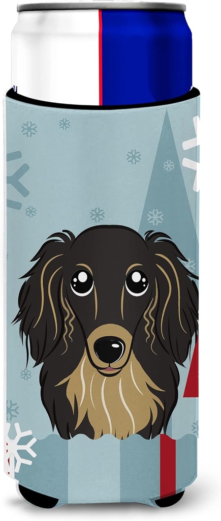 Caroline's Treasures Winter Holiday Longhair Black and Tan Dachshund Michelob Ultra Koozies for Slim Cans, Multicolor