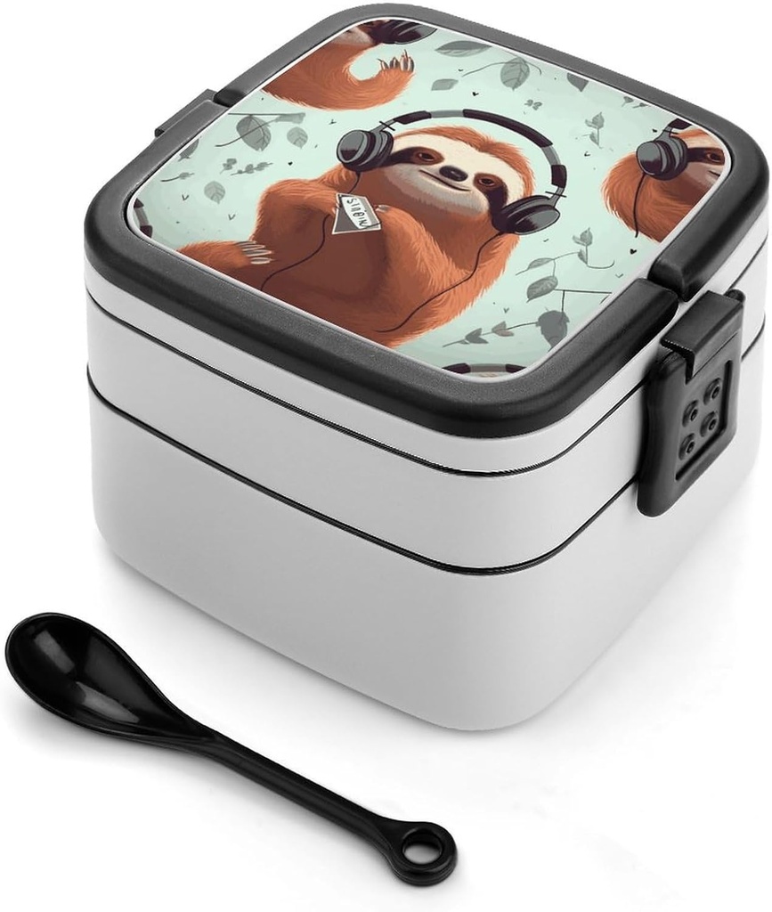 Bento Box Stackable Lunch Box with 2 Compartments Leak-Proof Food Storage Containers Funny Cute Animal Sloth Music Bento Lunch Box for Adults Lunch Containers with Utensil Set