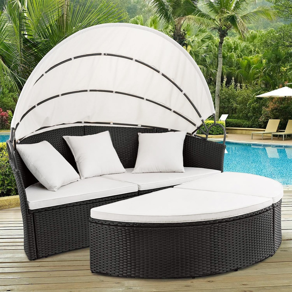 Devoko Patio Furniture Outdoor Round Daybed with Retractable Canopy Wicker Rattan Separated Seating Sectional Sofa for Patio Lawn Garden Backyard Porch
