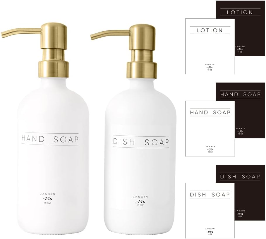 Glass Soap Dispenser 2 Pack - Modern Bathroom & Kitchen Sink Dispenser with Waterproof Labels (White Bottles+Gold Pumps)