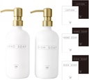 Glass Soap Dispenser 2 Pack - Modern Bathroom & Kitchen Sink Dispenser with Waterproof Labels (White Bottles+Gold Pumps)