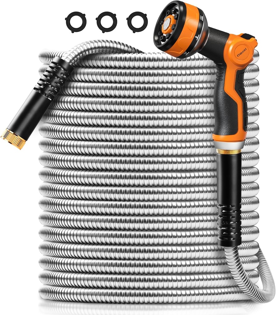 Omont Metal Garden Hose 100FT, Stainless Steel Water Hose with Nozzle, Flexible, Lightweight, Puncture Proof, Never Kink & Tangle, Heavy Duty Garden Hose for Yard and Outdoor