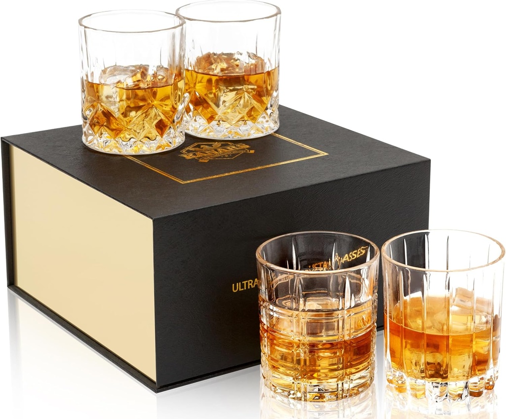KANARS Old Fashioned Whiskey Glasses - Multi Designs Bourbon Glass 10 oz with Luxury Box - Ultra Clear Crystal Rocks Barware for Scotch, Irish Whisky, Rum and Cocktail - Set of 4
