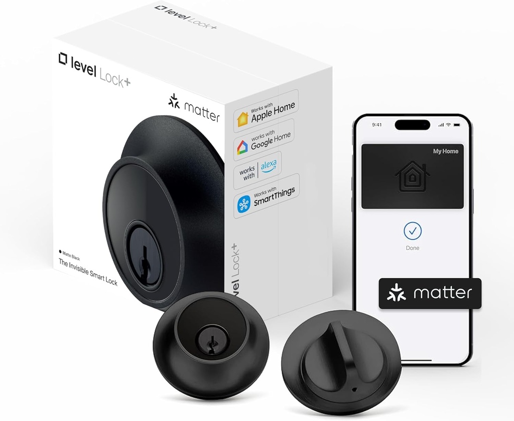 Level Lock+ (Matter) Smart Lock - World's Smallest, Most Advanced Matter-Over-Thread Deadbolt Plus Apple Home Key - Keyless and Remote Access via Apple, Alexa, Google Home, SmartThings (Matte Black)