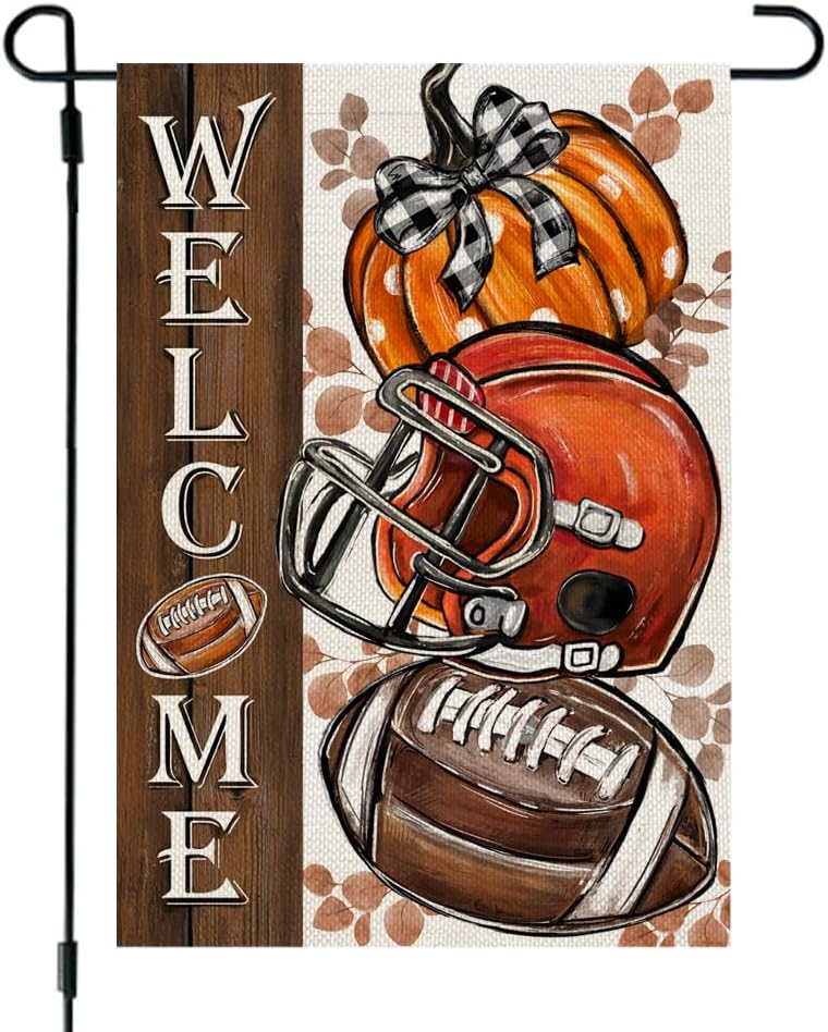 CROWNED BEAUTY Fall Garden Flag Pumpkin Football 12x18 Inch Double Sided Burlap for Outside Welcome Small Seasonal Autumn Yard Decoration CF1850-12