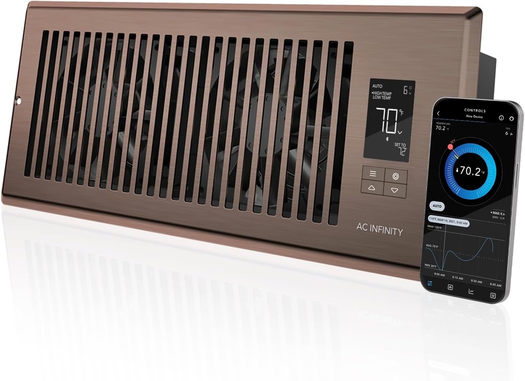 AC Infinity AIRTAP T4 Bronze, Register Booster Fan for 4” x 12” Register Holes, Improves Heating & Cooling Vents, Quiet 10-Speeds, Bluetooth App Control Data Alerts. ONLY FITS 4” x 12” Duct Openings
