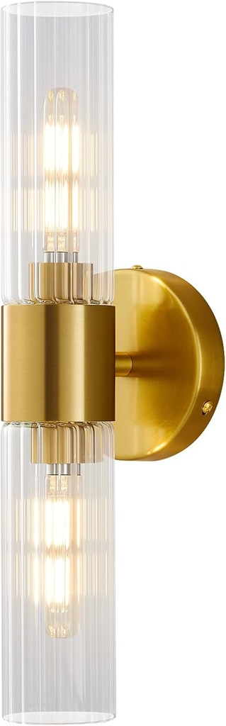 Bathroom Light Fixtures 2-Light, Modern Vanity Light for Bathroom, Wall Sconce, Bath Light with Glass Rods Shades for Mirror Bedroom Hallway (Brushed Brass)