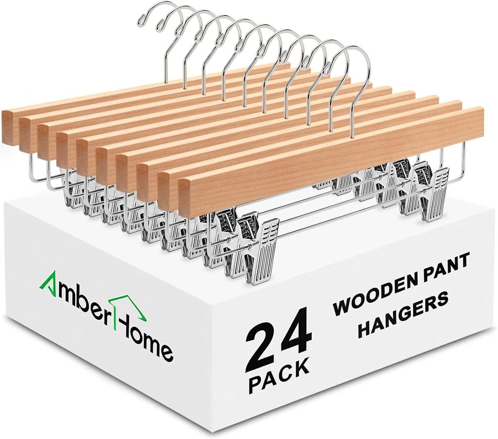 Amber Home 24 Pack Natural Wooden Pants Hangers with Clips, Wood Skirt Hangers Trouser Hangers for Jeans, Slacks, Shorts with 2-Adjustable Clips