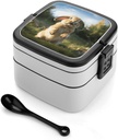 Cute Funny Rabbit Bento Box Adult Lunch Box All-in-One Lunch Containers with Removable Compartments Double Layer Bento Lunch Box with Spoon And Handle Stackable Lunchbox