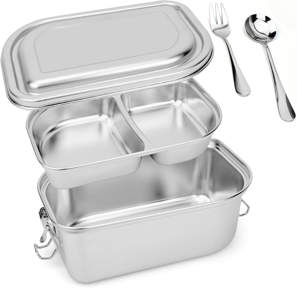 8.6'' x 5.9'' Stainless Steel Lunch Container Bento Box, Metal Lunch box, Metal Food Containers Stainless Steel Food Container, With Leakproof Lid, Fork and Spoon