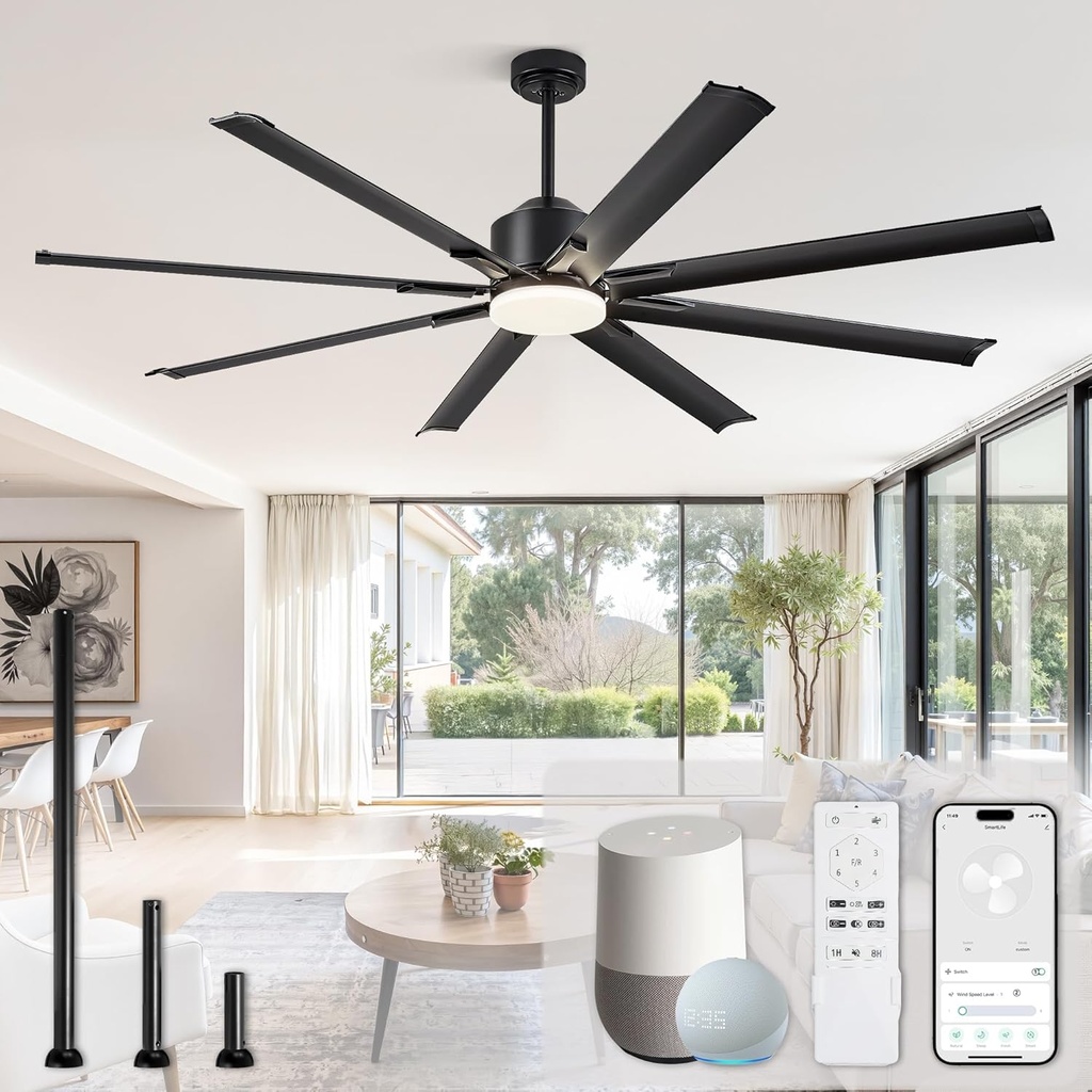 72 Inch Smart Ceiling Fan with Light and Remote via WIFI Alexa, Industrial Ceiling Fan with 8 Black Aluminum Blades, 3000-6000K Dimmable, 6 Speeds, Indoor Outdoor Ceiling Fans for Patio Living Room
