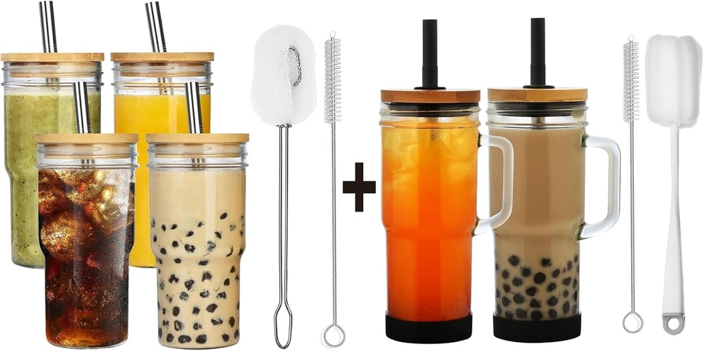 ALINK Glass Cups with Lids and Straws