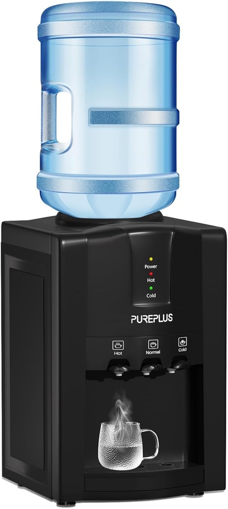 PUREPLUS Top Loading Countertop Water Dispenser, 3 or 5 Gallon Water Cooler, 3-Temperature Settings for Hot & Cold, Room Temperature Water, Removable Drip Tray, Compact for Home, Office, Dorm & RV Use