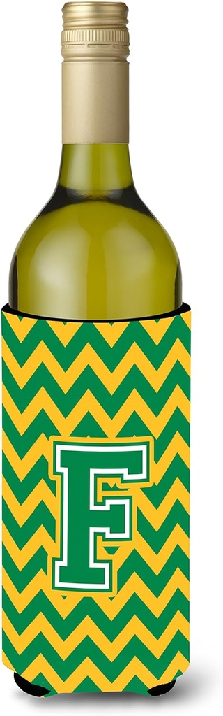 Caroline's Treasures CJ1059-FLITERK Letter F Chevron Green and Gold Wine Bottle Hugger Bottle Cooler Sleeve Hugger Machine Washable Collapsible Insulator Beverage Insulated Holder