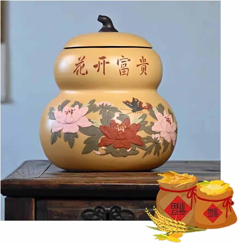 Ceramic gourd Rice Storage Container Rice Bucket Rice Jar with Lid Large Capacity Cereals Grains Sealed Jar Food Dispenser for Soybeans, Corn, Flour, Oatmeal(Yellow)