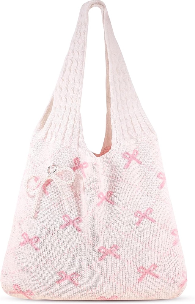 Coquette Crochet Tote Bag Cute Pink Tote Bag with Bag Charms Keychain Aesthetic Shoulder Bag Handbags for Women Girls