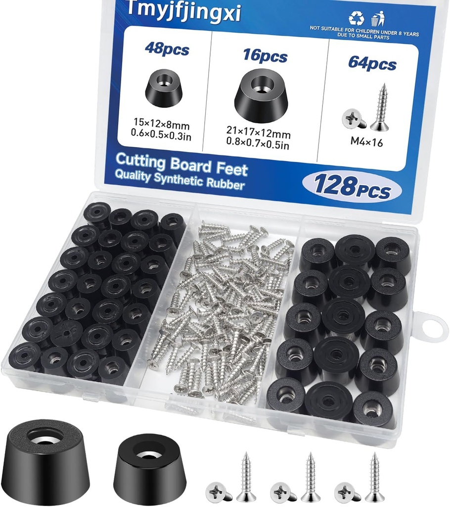 128PCS Cutting Board Rubber Feet Non Slip with 304 Stainless Screws Small and Large Size Rubber Bumpers for Cutting Board, Furniture, Electronics