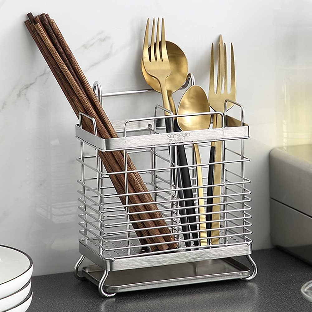 304 Stainless Steel Hanging 2 Compartments Mesh Utensil Drying Rack/Chopsticks/Spoon/Fork/Knife Drainer Basket Flatware Storage Drainer (Square)