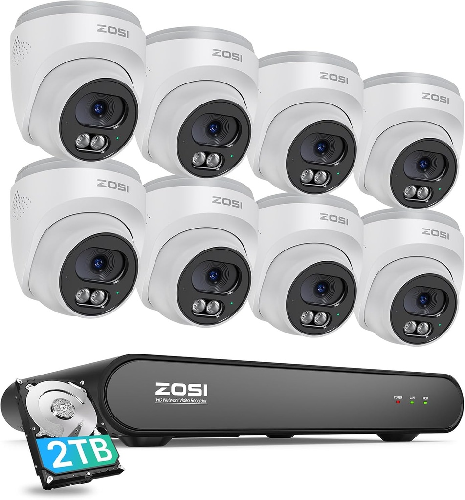 ZOSI C220 8CH 4MP QHD 2.5K PoE Home Security Camera System, 8CH 5MP 3K NVR with 2TB HDD for 24/7 Record, 8 x 4MP(1440p) Dome IP Cameras Outdoor Indoor, Smart AI Human Detection, Two-Way Audio