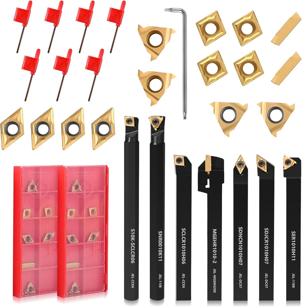 21PCS Indexable Lathe Turning Tools Set 3/8"10mm Shanks,7Pcs Metal Turning Tool Holders & 14Pcs Carbide Inserts for Turning,Grooving,Threading,Boring bar,and Cutting Tool