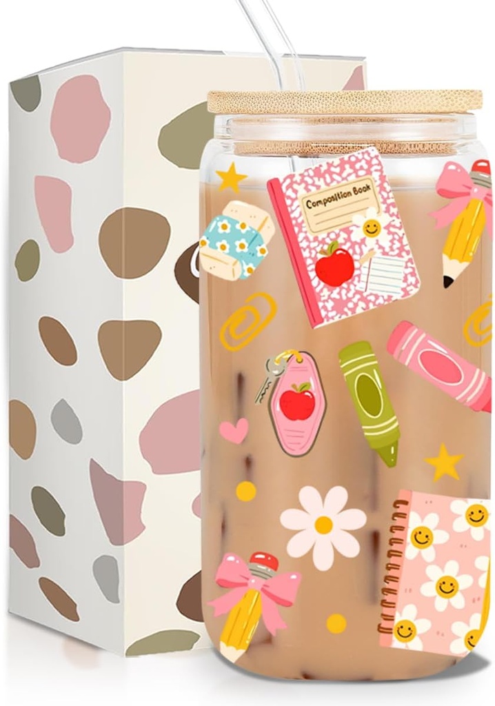 Teacher Appreciation Gifts, Teacher's day Birthday Graduation Retirement Gifts for Women, School Composition Book Iced Coffee Cup, 16 oz Coffee Glass Cup with Lid Straw