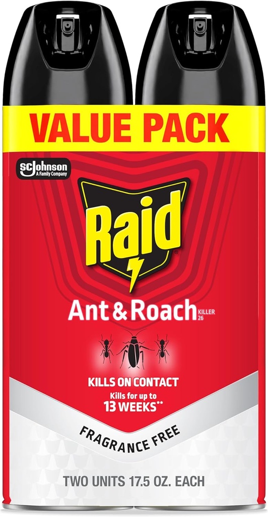 Raid Ant & Roach Killer 26, Fragrance Free Bug Killer for Home Use, Kills Bugs on Contact, 17.5 Oz, 2 Count