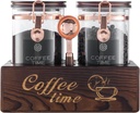 2-Piece Borosilicate Glass Coffee Storage Jars with Wooden Stand & Spoon - Airtight Sealed Containers for Coffee Beans, Ground Coffee, Tea - Clear Glass Canisters for Kitchen Countertop