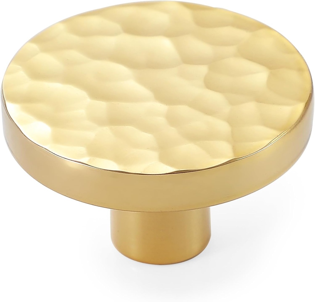 5-Pack Modern Gold Cabinet Knobs, Hammered Solid Brass Drawer Knobs, Round Dresser Drawer Pulls and Handles, Kitchen Cabinet Hardware, Diameter 1-3/16 Inch