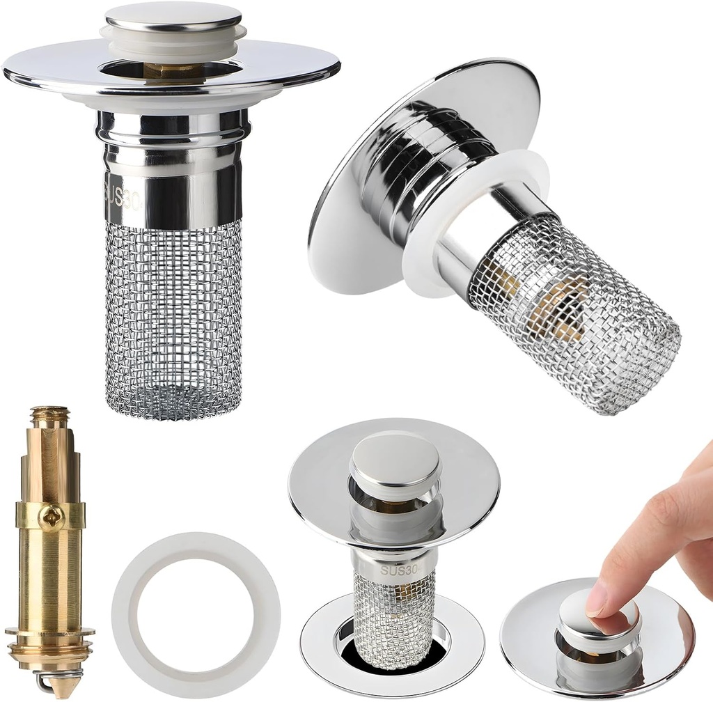 2pcs Bathroom Sink Drain Strainer Pop Up Sink Drain Stopper with Removable Stainless Steel Filter Basket, for US Universal Bathroom Kitchen Basin Sink Stopper Bathroom Sink Stopper