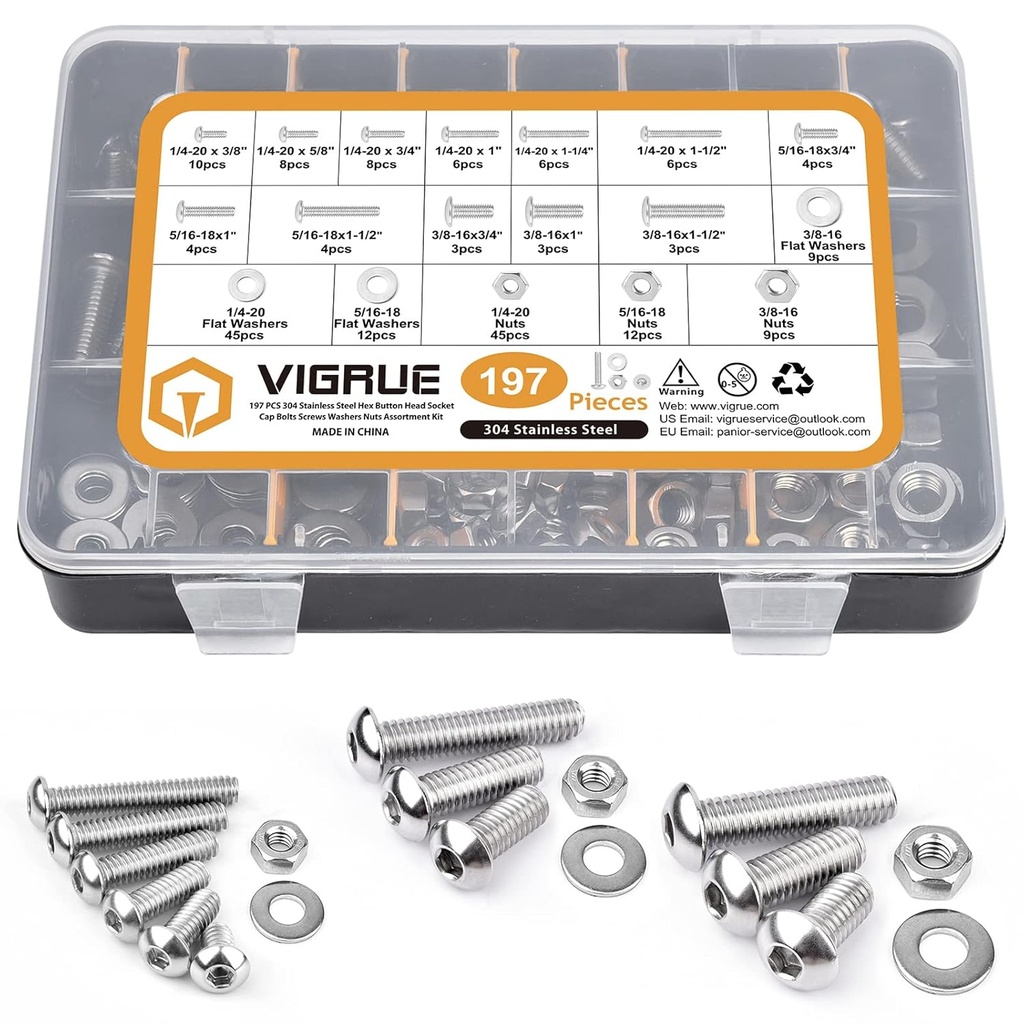 1/4-20 5/16-18 3/8-16 Button Head Cap Screw, VIGRUE 197pcs SAE 12 Sizes Hex Cap Bolts Flat Washers Nuts Assortment Kit Machine Screws Set, 304 Stainless Steel