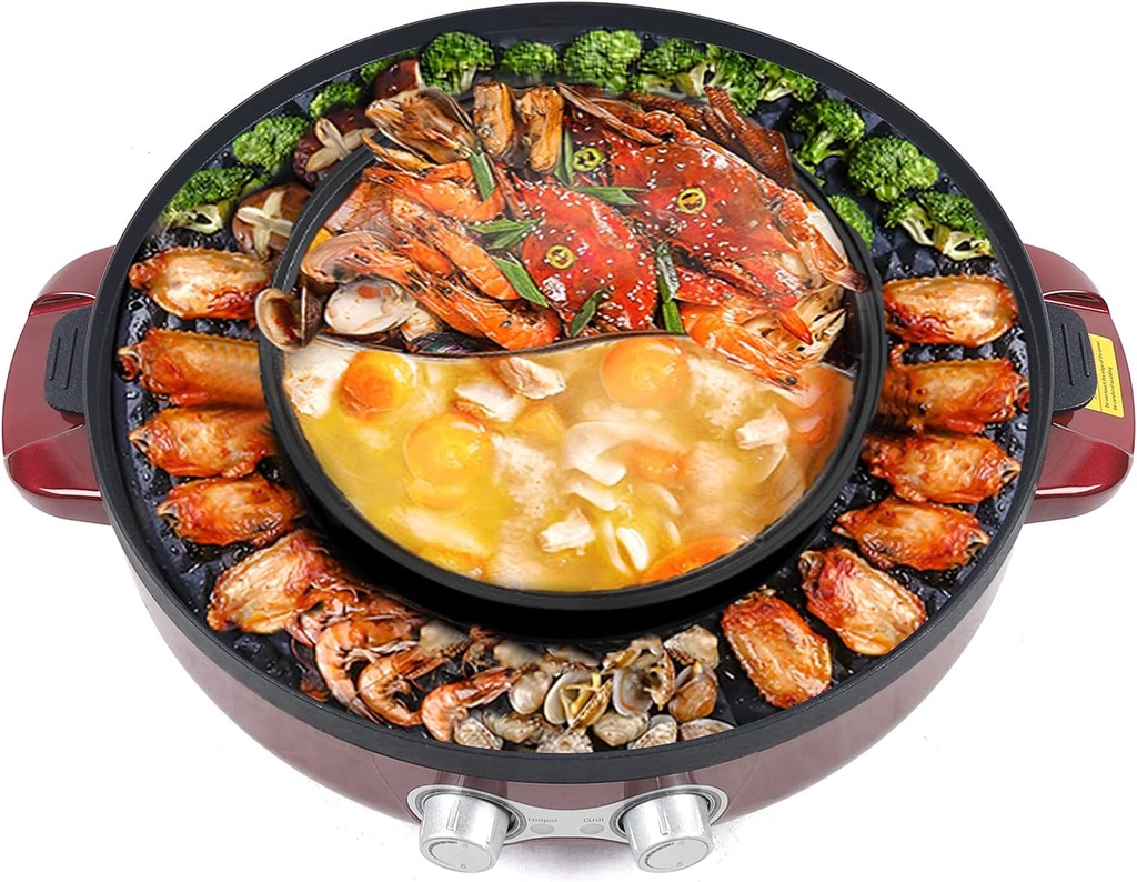 2 in 1 Portable Electric Hot Pot 110V 2200W BBQ Grill Plate Home Frying Cook Machine Pan Red (19.7x19.7inch)