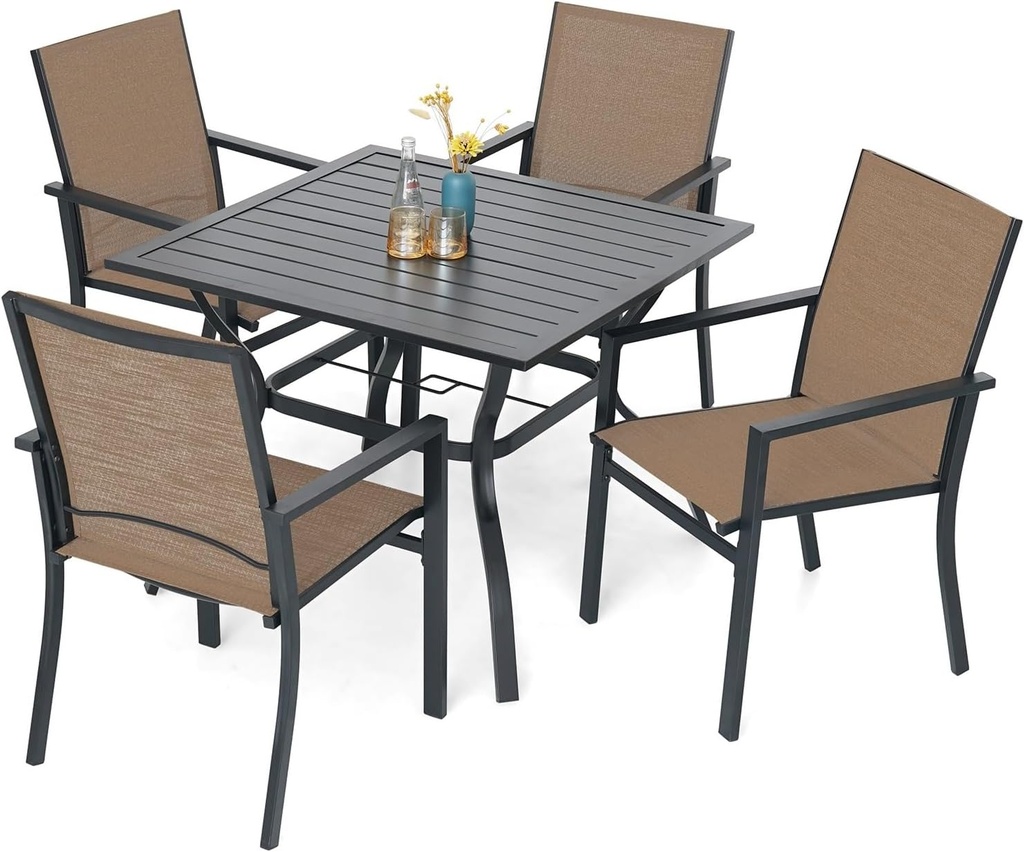 5 Piece Patio Dining Set for 4, 35” Square Table with Umbrella Hole, 4 Metal Sling Chairs, Outdoor Table and Chairs Set for Lawn Backyard and Deck Brown