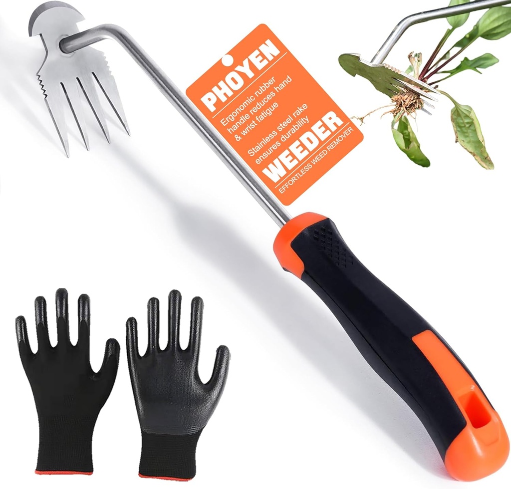 Weed Puller Tool, Portable Weed Remover Tool, 2024 New 4-Claw Steel Weeder Tool with Hang Hole, Manual Weeding Tool Gardening for Yard, Vegetable Gardens, Farms (Non-Slip Rubber Handle)