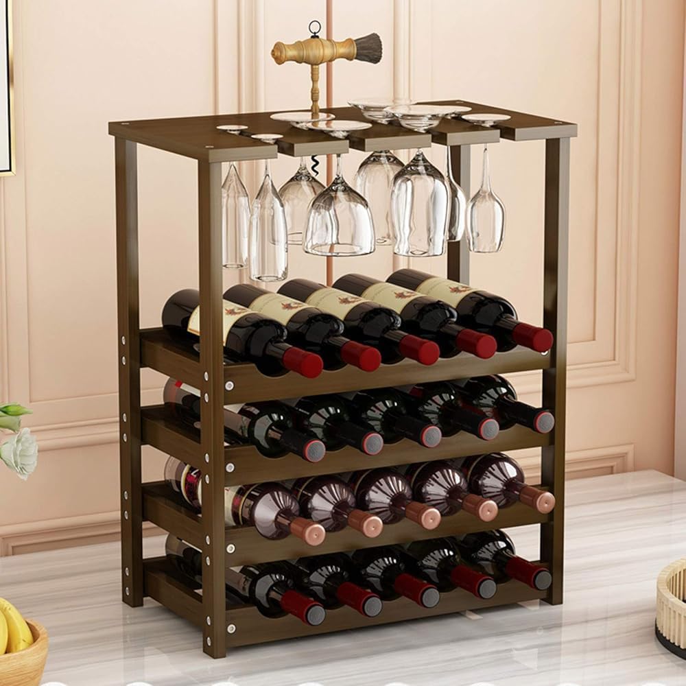 4-Tier Bamboo Wine Rack with Glass Holder - Free Standing Wine Storage Display Shelf for Bar Kitchen Living Room & Wine Cellar Dimensions 54x25x56cm