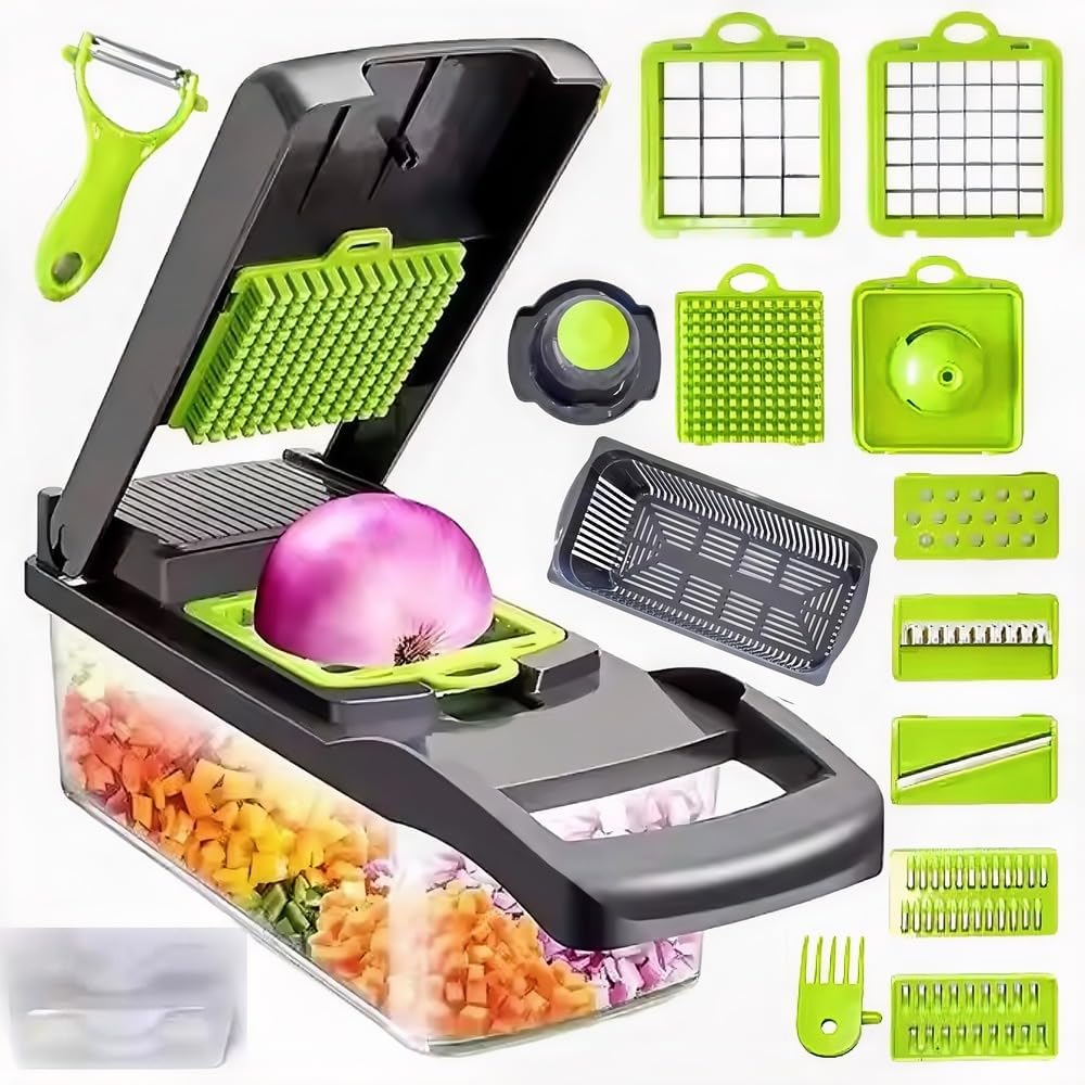 16-in-1 Food Processor Vegetable Chopper, Salad Spinner, Veggie Slicer & Mandoline Kitchen Appliance – Slap Chop, Spiralizer, Egg, Cheese, Potato Fry Cutter, Mincer & Grater All-in-One (Green/Black)