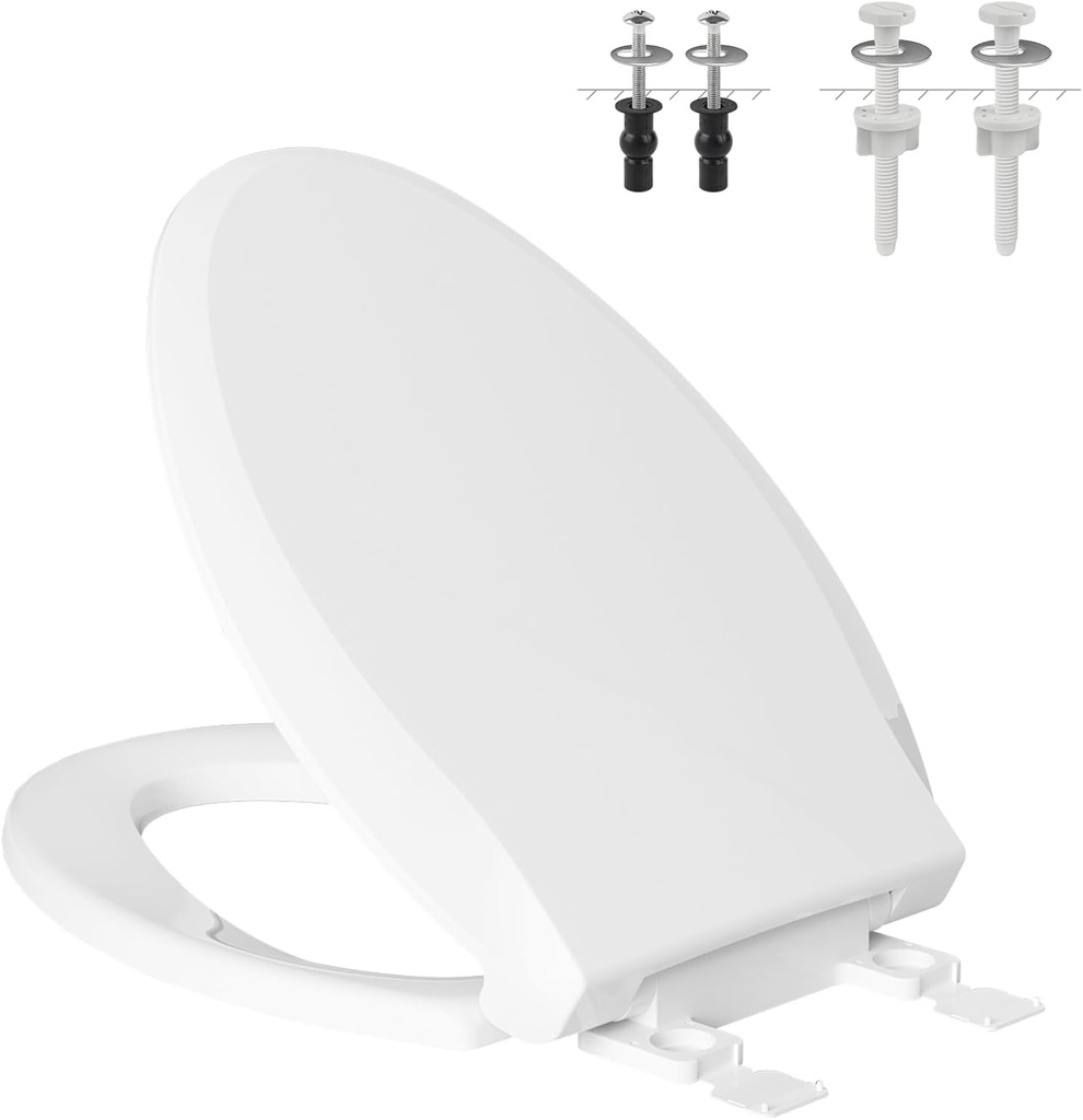 Hibbent Elongated Toilet Seat with Oval Cover, Soft Close Toilet Seat, Easy to Install,Never Loosen Hinge to Prevent Shifting, Non-slip Seat Bumpers and Easily Cleaning(White)