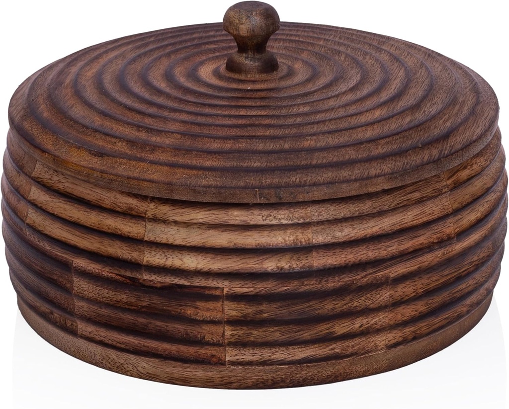 Handcrafted Wooden Mexican Warmer Basket Indian Chapati Roti Bread Holder Box Pancake Keeper Serveware Hot Pot Casserole Dish With Lid Home Kitchen Dining Decor, Natural Brown, 9 x 3 Inches