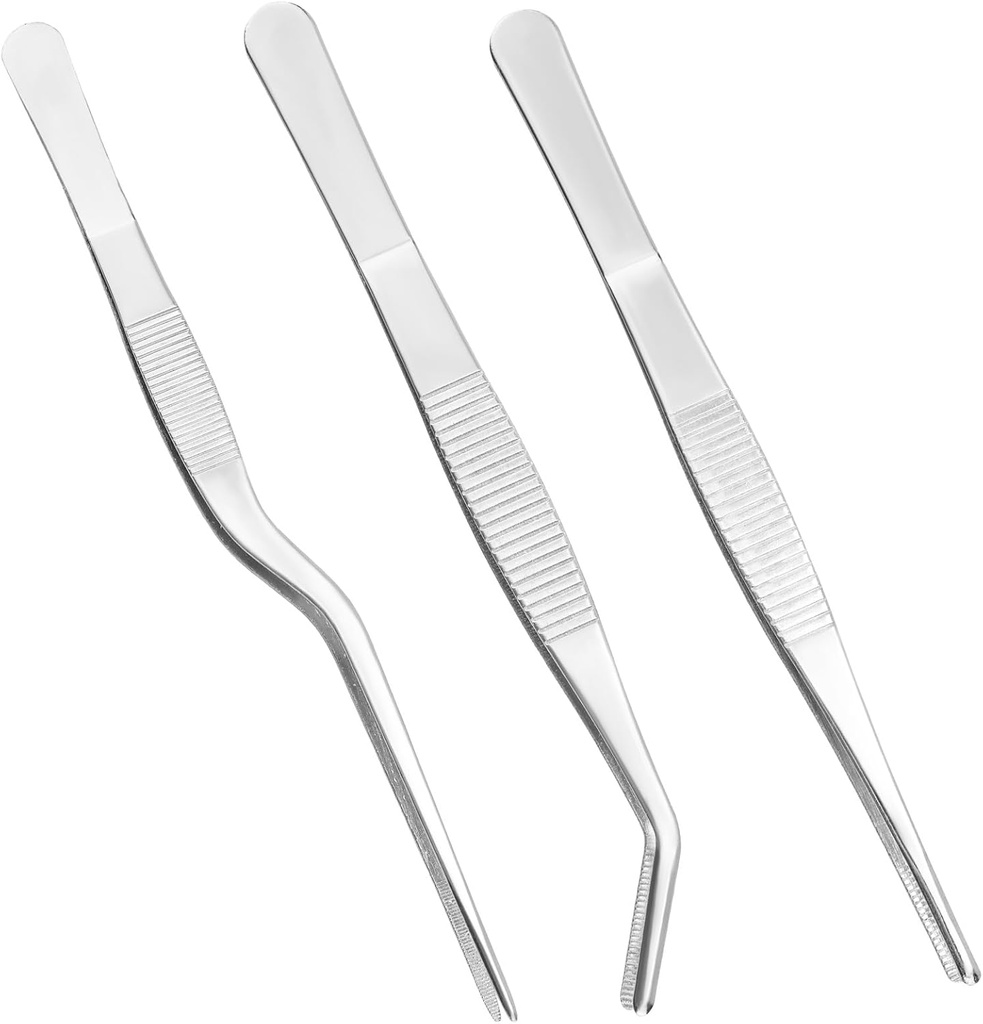 3pcs Plant Tweezers, Long Straight Stainless Steel Garden Bend Tongs Set Multi Purpose Tools for Gardening Bonsai and Reptile Feeding & Kitchen Use