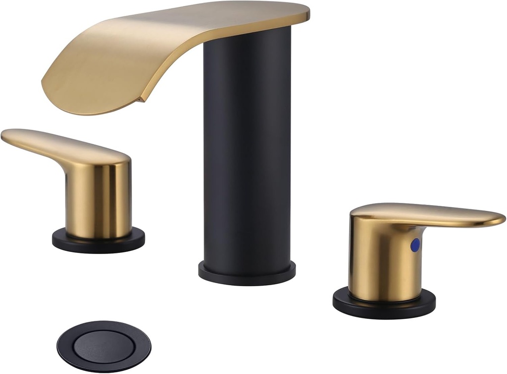 WOWOW Waterfall Bathroom Faucet 3 Holes 8Inch Widespread Bathroom Sink Faucet, Two Handles Lavatory Vanity Sink Faucets with Pop-up Drain & Supply Hoses, Modern Faucet Mixer Taps Black and Gold