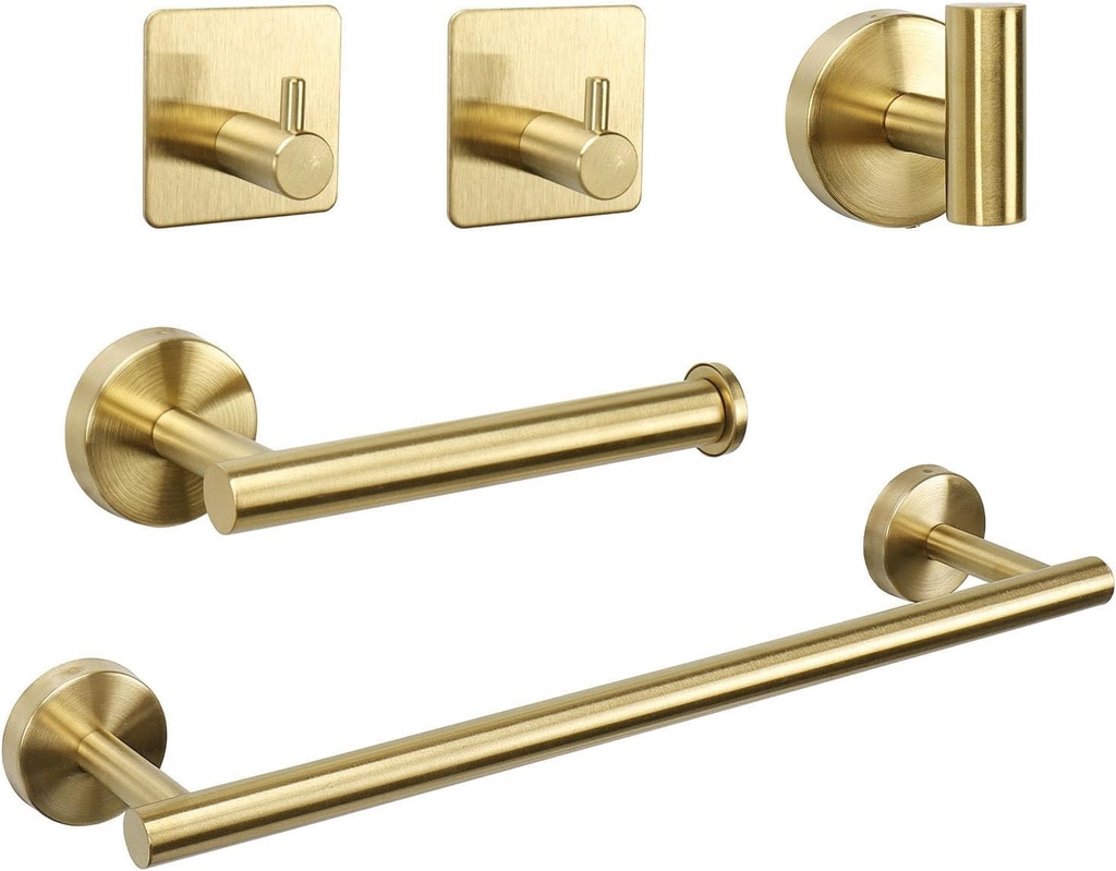 TocTen Bathroom Hardware Set, Thick Stainless Steel Bath Towel Bar Set Including Towel Rack for Bathroom+Toilet Paper Holder+3 Robe Towel Hooks Wall Mount Bathroom Accessory Set(16IN,Brushed Gold)