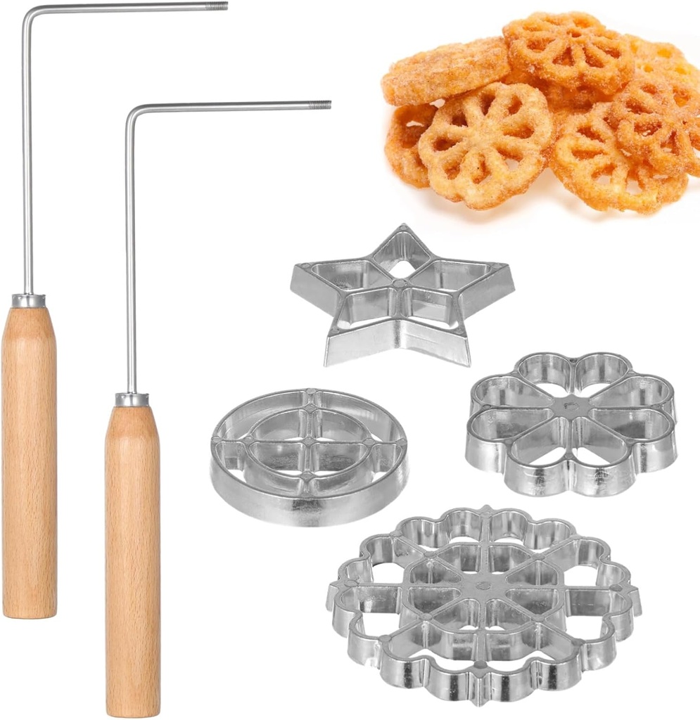 Rosette Iron Kit of 6, Bunuelos Molds with Wood Handle, 4 Shapes Waffle Makers, Aluminum Alloy Lotus Flower Waffle Cake Molds, Kitchen DIY Baking Tools
