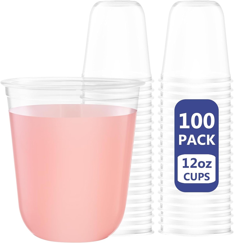 WELLIFE 12 oz Clear Plastic Cups, 100 Pcs Disposable Wine Glasses Stemless Cocktail Punch Cups for Cold Drinking Party Supplies, Halloween, Thanksgiving Day