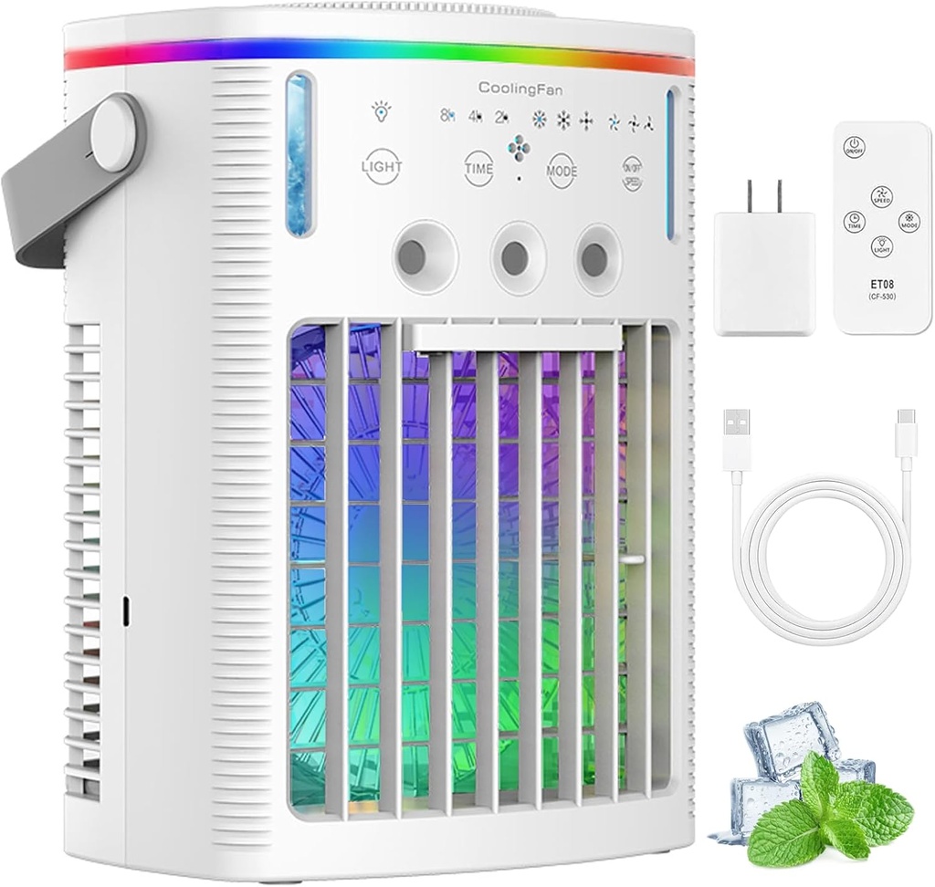Portable Air Conditioner, Cooling Fan with 1L Water Tank, 3 Speeds & 3 Modes, 2-8H Timer, Remote & Touch Control, 7 Color Light Evaporative Air Cooler Personal Ac Units for Home,Office, Camping, RV