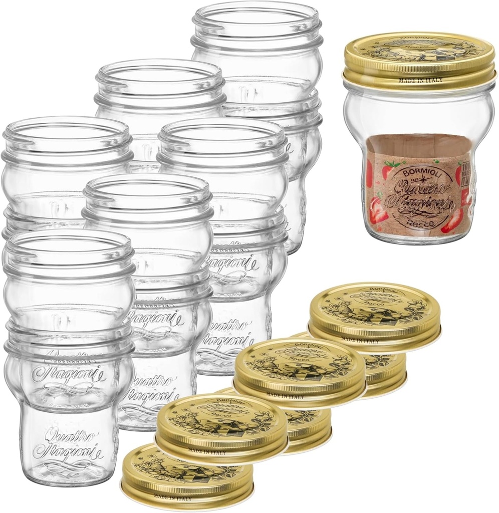Bormioli Rocco Quattro Stagioni Glass Jars (Set of 12) - 9.25 Oz Stackable Storage Jars with Wide Mouth & Aluminum Lids - Glass Containers for Preserving, Serving, Organizing - Made in Italy
