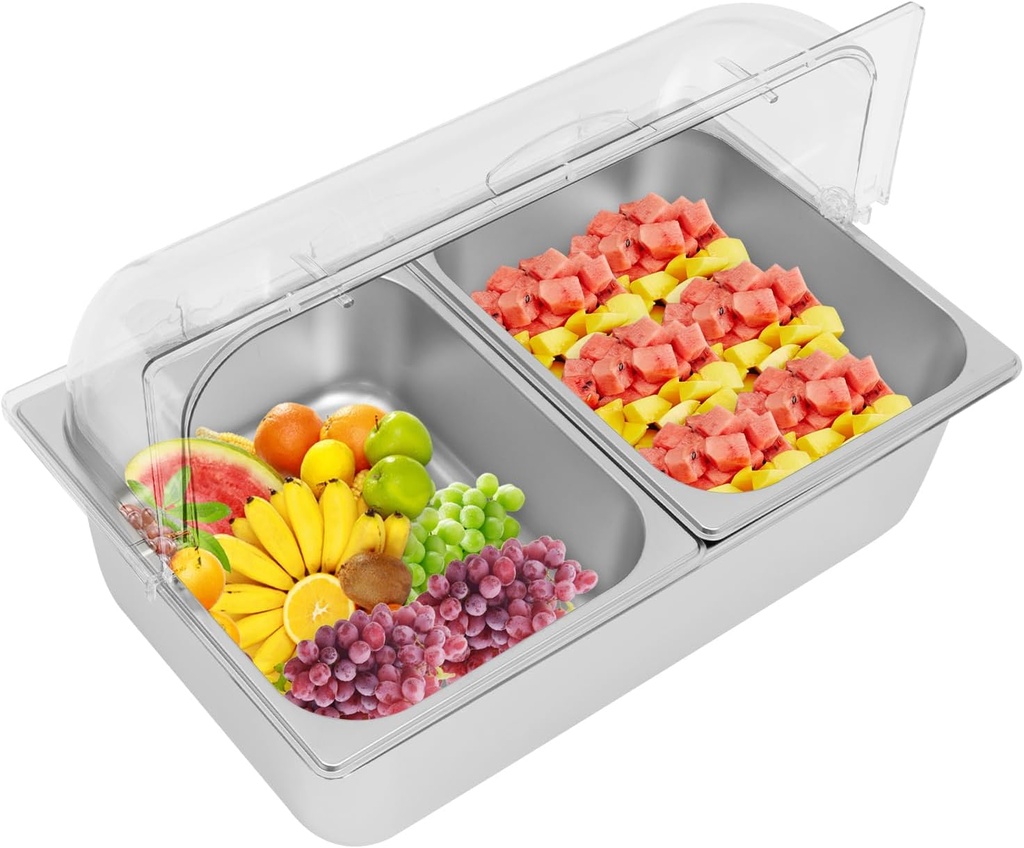 Countertop Ice Food Serving Display Container Salad Dressing Cooler Stainless Steel Condiment Dispenser Display Rack with Ice Packs Spoons Clamps Lid for Salad Buffet Restaurant (2 Pan)