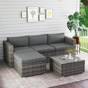 Wisteria Lane 5-Pieces Outdoor Patio Furniture Set, All Weather Wicker Rattan Sectional Sofa, Patio Conversation Set with Cushions & Glass Coffee Table for Backyard Porch Garden Balcony, Grey