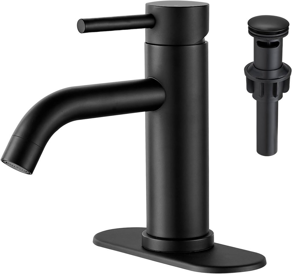 Black Bathroom Faucets, Single Hole Bathroom Sink Faucet Modern Single Handle Mixer Tap Washbasin Vanity Sink Faucet 1 Hole with 3 Hole Deck Plate, Pop Up Drain