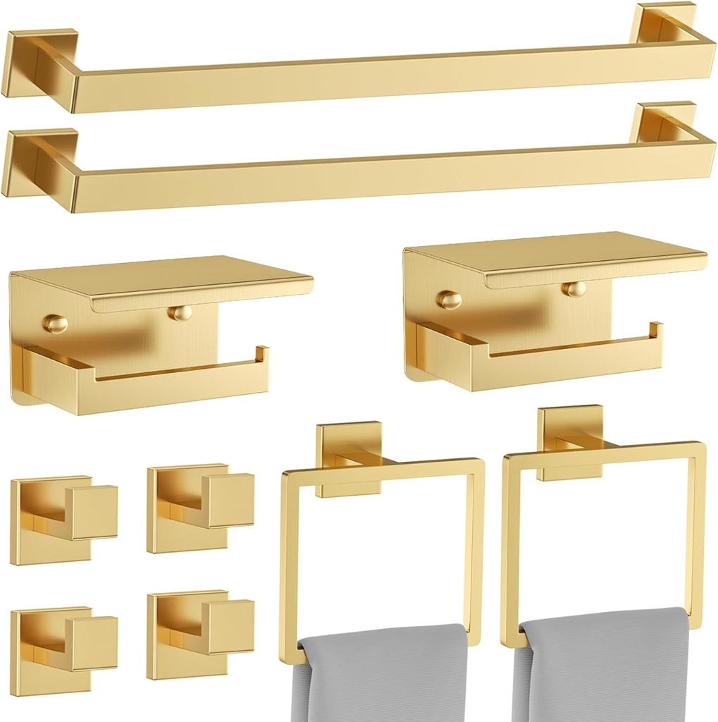 10 Pieces Brushed Gold Towel Bar Set Bathroom Hardware Accessories Set Upgraded Toilet Paper Holder Towel Holder/Racks Set for Bathroom Stainless Steel Wall Mounted 23.6in