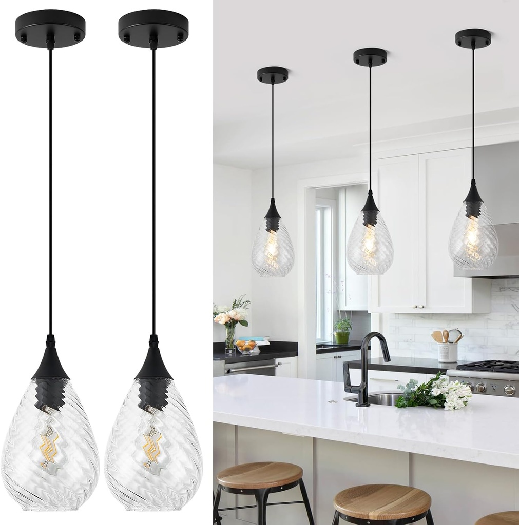 Glass Pendant Lights Kitchen Island 2 Pack, Modern Black Pendant Light Fixtures with Hand-Blown Clear Glass, Island Hanging Light for Kitchen Sink Bedroom Dining Room Hallway, E26
