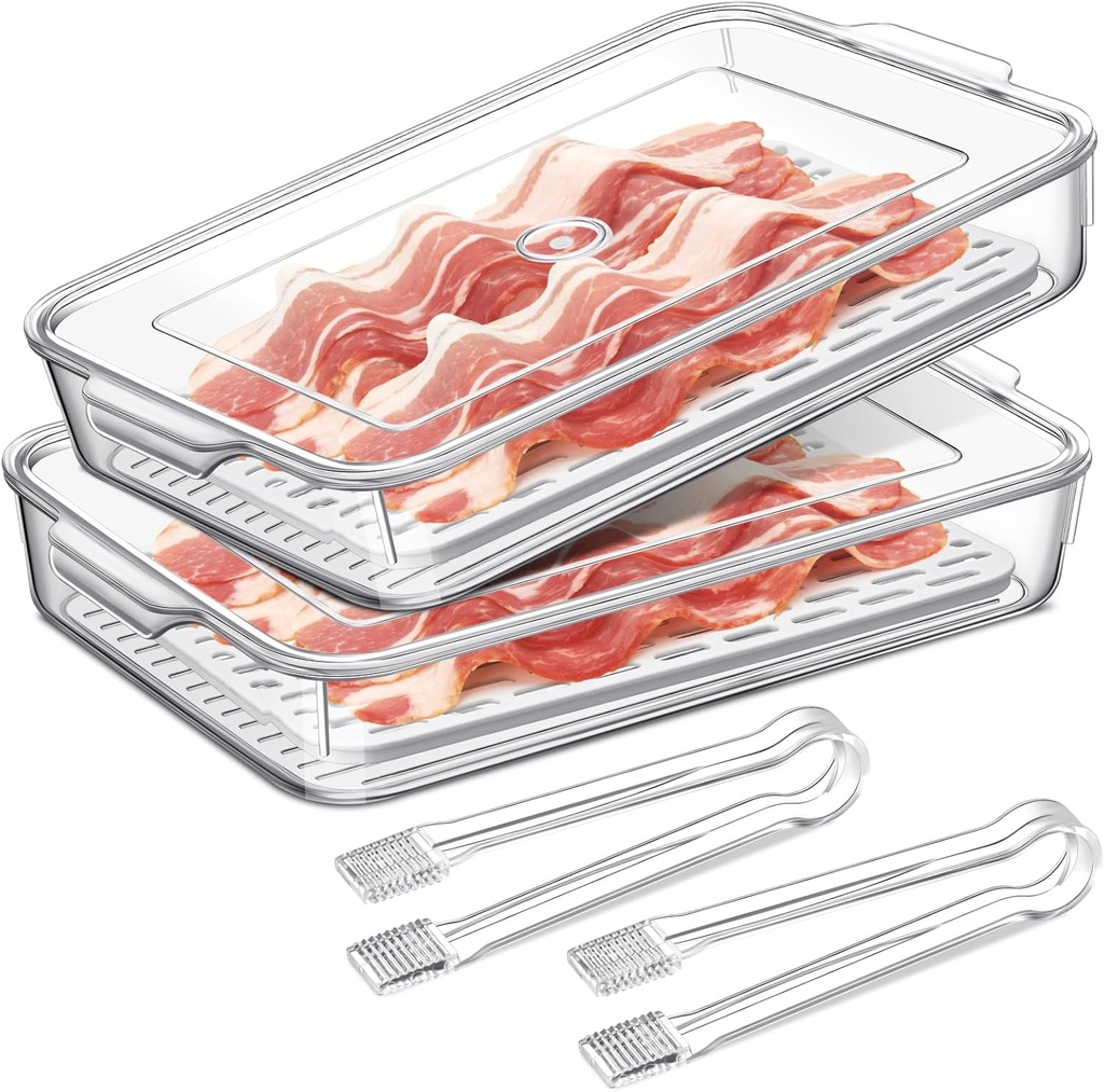 2 Pcs Bacon Storage Container for Refrigerator with Tong, Bacon Deli Meat Storage Container with Perforated Tray for Freshness, Clear Plastic Meat Saver for Fridge Food